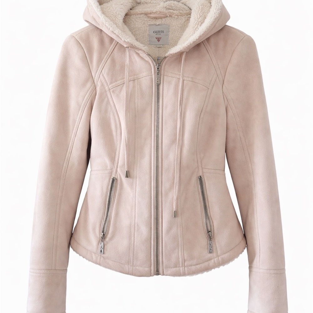 Guess Women's Light Pink Hooded Leather Jacket